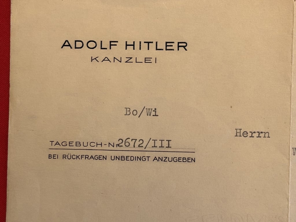 GERMAN WWII VERY RARE ADOLF HITLER AND ALBERT BORMANN HAND SIGNED AUTOGRAPH LETTERS SIGNED COLLECTION, REGARDING ART WORK.