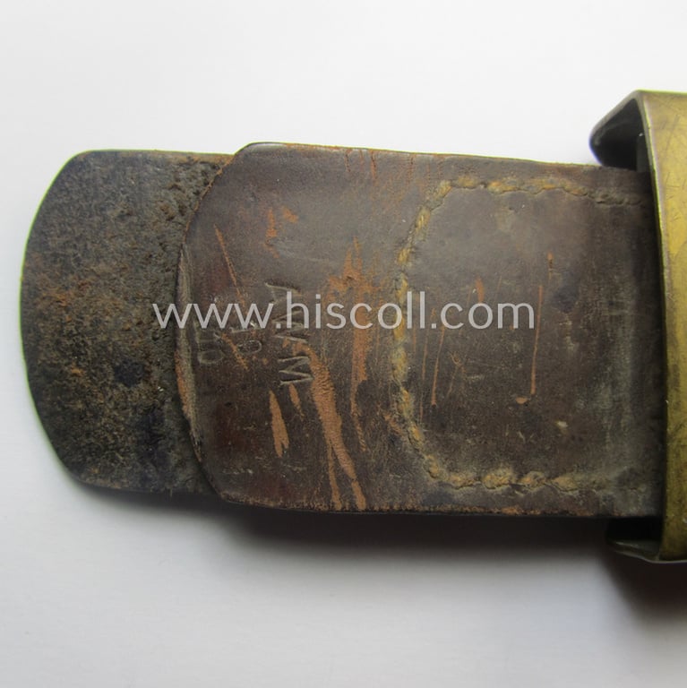 WWI-period (ie. 'Bayern'-related), copper- (ie. nickle-crome-) based EM/NCO-type belt-buckle being a moderately used example that comes mounted onto its maker- (ie. 'AWM 19 00'-) marked leather-based tab