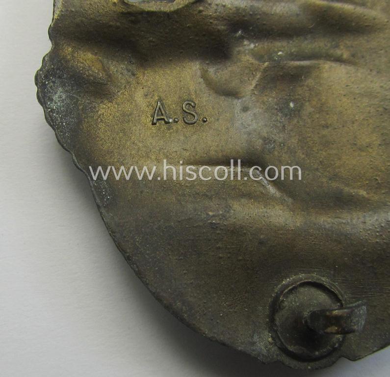 'Panzerkampfabzeichen in Bronze' (or: bronze-class panzer-assault badge or PAB) being a clearly maker- (ie. 'AS'-) marked- and/or zinc- (ie. 'Feinzink'-) based specimen, as was procuced by the: 'Adolf Scholze'- (ie. 'A.S.'-) company