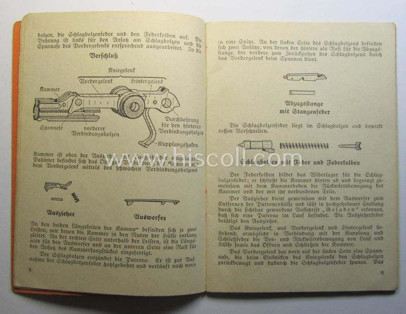 Attractive - and scarcely found! - smaller-sized, period WH-instruction-booklet entitled: 'Die Pistole 08 - Beschreibung und Handhabung' (or instruction- ie. training-manual for the P08 pistol) as was published by the: 'Heinz Denckler Verlag'