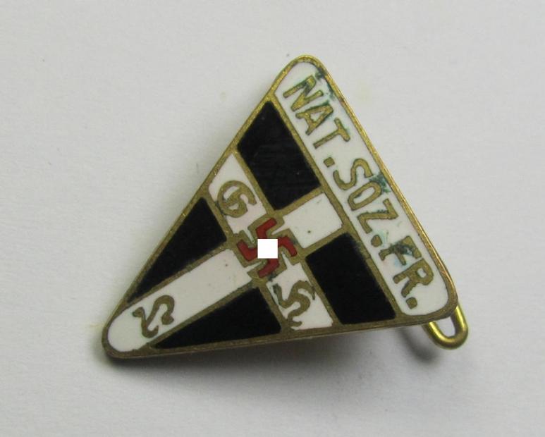 'NS-Frauenschaft'-membership-badge (ie. 'Mitgliedsabzeichen'), being a 20-mm.-sized (ie. 'Halbminiatur') example of the fourth pattern that shows a: 'Ges.Gesch.'-patent-pending designation on its back