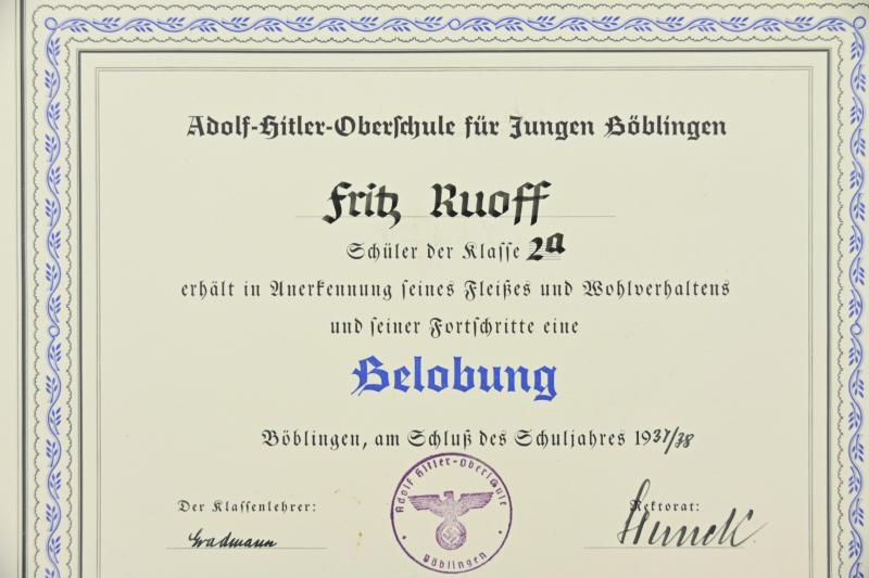 German Third Reich Certificates 'Adolf Hitler Schule'