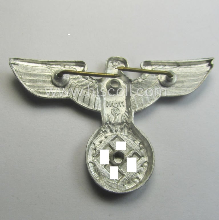 Bright-silver-coloured- and/or: aluminium-based (political-style) visor- (ie. 'Schirmmützen'-) cap-eagle being a detailed example that is neatly: 'RzM' and/or: 'M1/111' marked on its back
