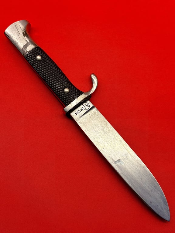 WW2 GERMAN HITLER YOUTH KNIFE RZM STAMPED M7/60 FOR RARE MAKER GUSTAV L. KOLLER NACHFOLGER WITH THE UNSTIPPLED HJ EMBLEMED DIAMOND