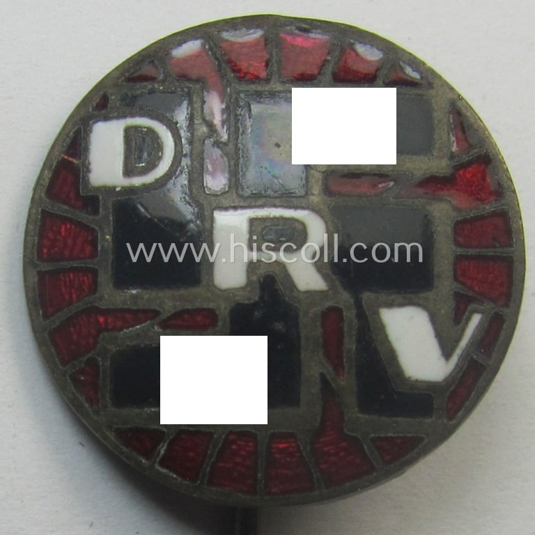 Neatly enamelled, 'Deutscher Radfahrer Verbandes'- (ie. D.R.V.-) related so-called: 'Mitglieds- o. Zivil-Abzeichen' being an attractive (and maker-marked!) example that shows a black-toned swastika upon which the letters: 'D.R.V.' are placed