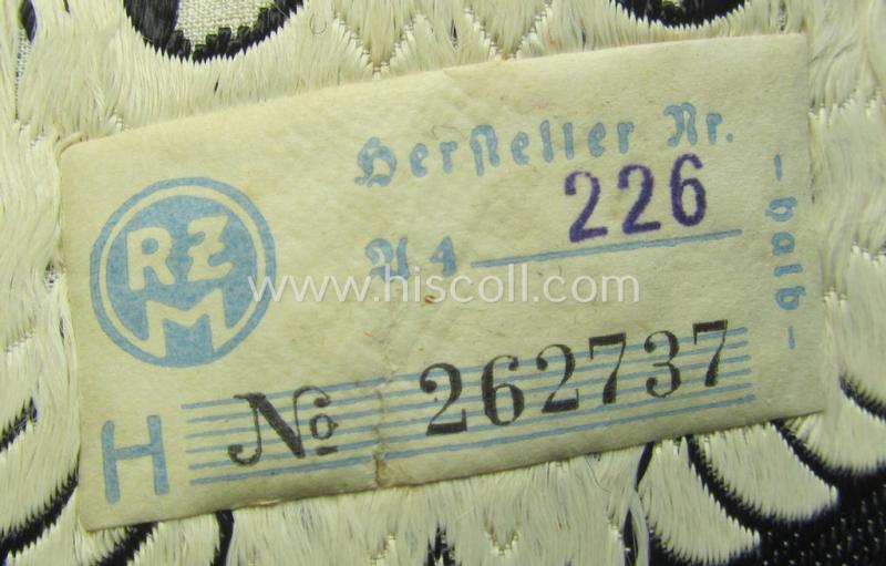 Attractive - and fairly large-sized! - example of a linnen-based N.S.D.A.P.-related sport-shirt badge (ie. 'Brustabzeichen für Sportanzug') as was executed in the neat 'BeVo-weave pattern and that still retains its period-attached 'RzM'-etiket