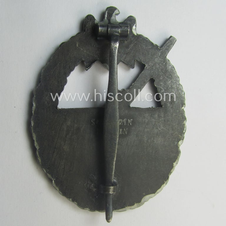WH (Kriegsmarine) 'Marine-Artillerie-Abzeichen' being a typical zinc- (ie. 'Feinzink'-) based example by the desirable maker- (ie. 'Hersteller') 'Schwerin - Berlin'