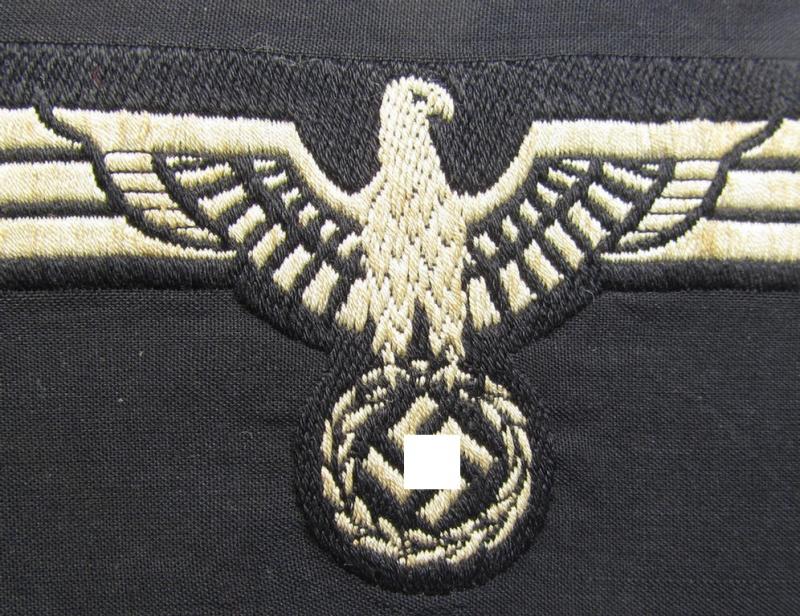 Neat, WH (Heeres) early- (ie. pre-) war-period- and/or white-coloured 'Panzer'-type breast-eagle of the so-called: 'M35'- (ie.'M36'-) pattern as was executed in the neat 'BeVo'-weave pattern on a black-coloured background