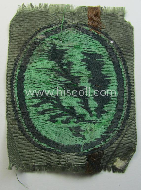 WH (Heeres) so-called: 'Jäger'-armpatch being a (typical) 'BeVo'-woven example as was executed on field-grey-coloured linnen as was intended for usage by the: 'Jäger-Truppen'