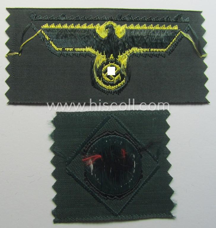 WH (KM ie. 'Küsten-Marine o. Marine-Art.') side-cap-eagle and cocarde-set (being a 'virtually mint- ie. unissued' set as executed in golden-yellow-coloured linnen on a darker-green-coloured background)