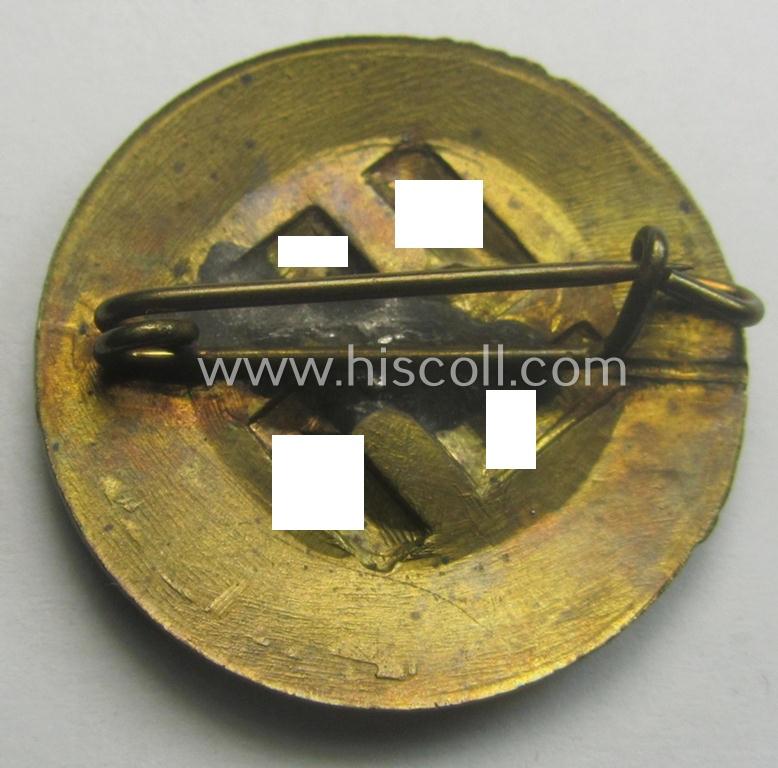 Unusually-found - luxuriously-styled, very detailed and pronounced! - golden-bronze-toned, N.S.D.A.P.-related day-badge (ie. 'tinnie' or: 'Veranstaltungsabzeichen') as was issued to commemorate the: 'Gautag.Muenchen.Juli 1932'