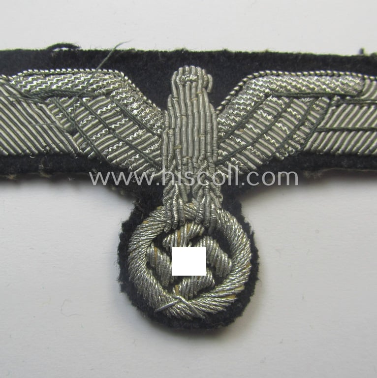 Clearly used- and/or worn, WH (Heeres) Panzer-related officers'-type, hand-embroidered breast-eagle (ie. 'Brustadler für Offiziere') as was intended for usage onto the 'wrap-around', officers'-pattern tunics