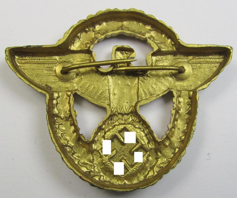 Superb, bright-golden-toned- and/or aluminium-based, 'Polizei'-visor-cap eagle, being a maker- (ie. 'HA'-) marked example, as was intended for usage on the various: 'Wasserschützpolizei' (or: general-officers') visor-caps (ie. 'Schirmmützen'...
