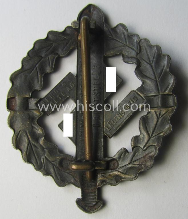 Early- (ie. mid-) war-period example of an: 'SA-Sportabzeichen in Bronze' being a very detailed and maker- (ie. 'Berg u. Nolte'-) marked example that is void of an impressed bearers'-number