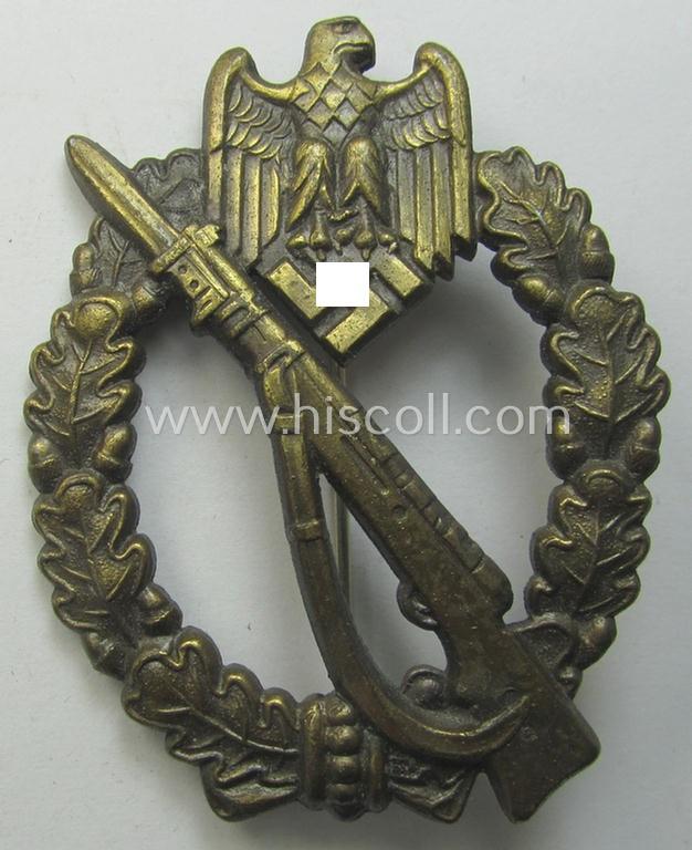 WH (Heeres- ie. Waffen-SS) 'Infanterie-Sturmabzeichen in Bronze' (or bronze-class IAB) being a neatly maker- (ie. 'JFS'-) marked example that comes stored in its (rarely seen!) 'Zellstoff'-based pouch