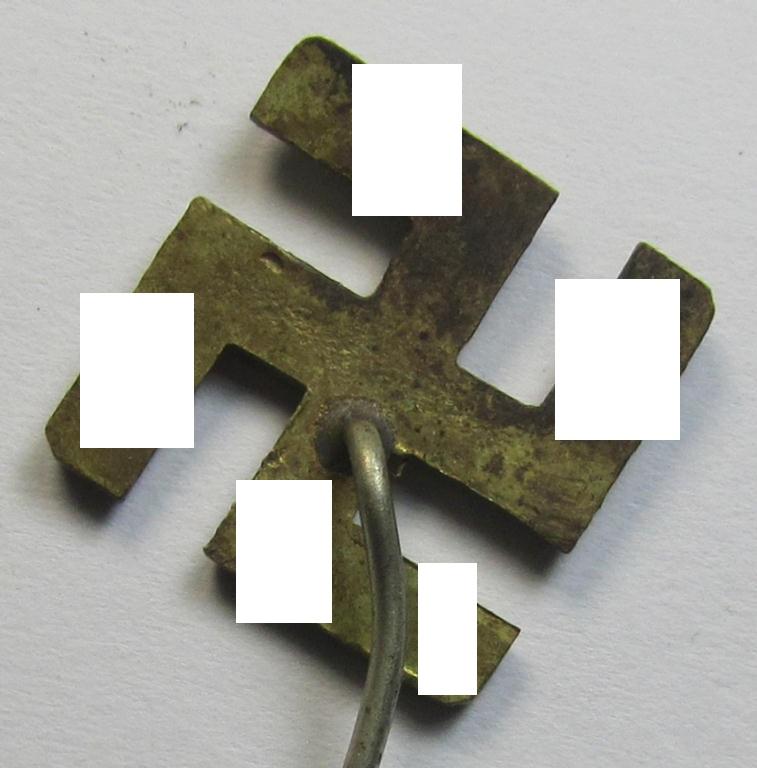 Unusually seen, golden-coloured (and - I deem - typical 'Buntmetall'-based) so-called: patriotic swastika lapel-pin (ie. 'N.S.D.A.P.-supportive piece) being an example that comes mounted onto its long-sized pin