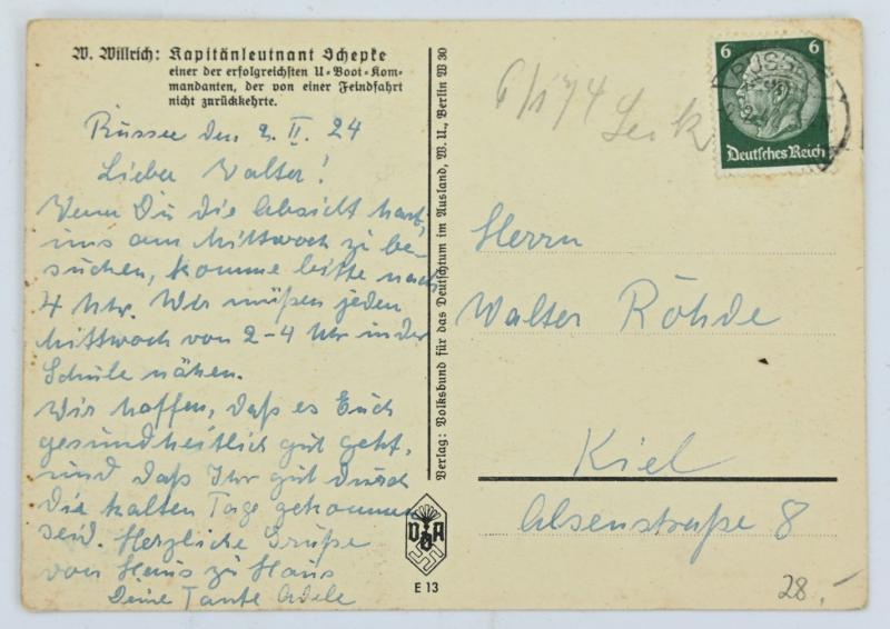 German KM Postcard 'Kapitanleutnant Schepke'