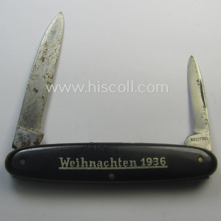 Interesting, (pre-) WWII-period, WH (Heeres) 'souvenir-item' (ie. tiny pocket-knife) showing on one side (the silver-inlayed) text: 'Weihnachten 1936' and on the other side: '8.(M.G.)/Komp.Inf.Regt. 61 - München'