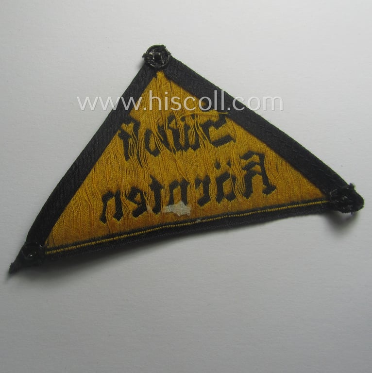 Truly worn, 'HJ' ('Hitlerjugend') district-triangle (ie. 'Gebietsdreieck') entitled: 'Südost Kärnten' (being a minimally used- ie worn example that regrettably misses its 'RzM'-etiket)