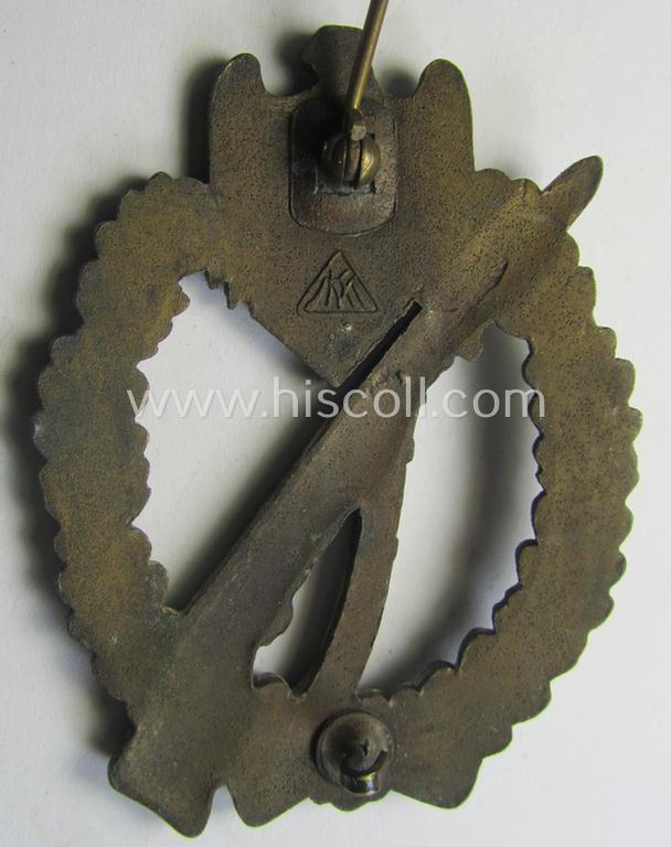 Neat - albeit moderately worn! - 'Infanterie Sturmabzeichen in Bronze' being a maker- (ie. 'MK' in a triangle-) marked (and/or minimally converse- ie. vaulted-) example by a to date still unidentified maker as was executed in golden-bronze-toned,...
