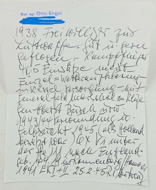 Signature of Luftwaffe KC Recipient 'Otto Engel'