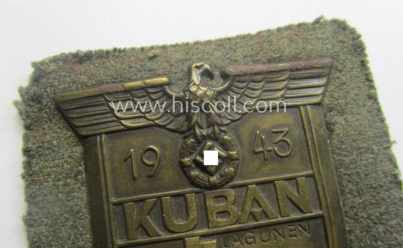 WH (Heeres ie. Waffen-SS) 'Kuban'-campaign-shield that comes mounted onto its original field-grey-coloured- and/or woolen-based 'backing' as issued and/or used