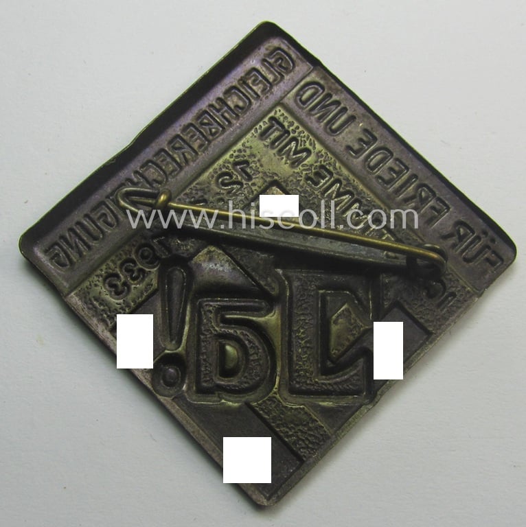 Partly bright-red-coloured, golden-bronze-toned N.S.D.A.P.-related day-badge (ie. 'tinnie' or: 'Veranstaltungsabzeichen'): 'Ja - Für Friede und Gleichberechtigung - Ich stimme mit - 12.11.1933'