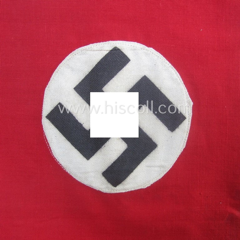 'Patriotic-styled'- and nicely constructed! - white- and red-coloured N.S.D.A.P.-related patriotic- ie. bicycle-flag (ie. 'Fahrrad- o. Symphatie-Fahne') depicting a double-sided (printed-styled) woven swastika-patch