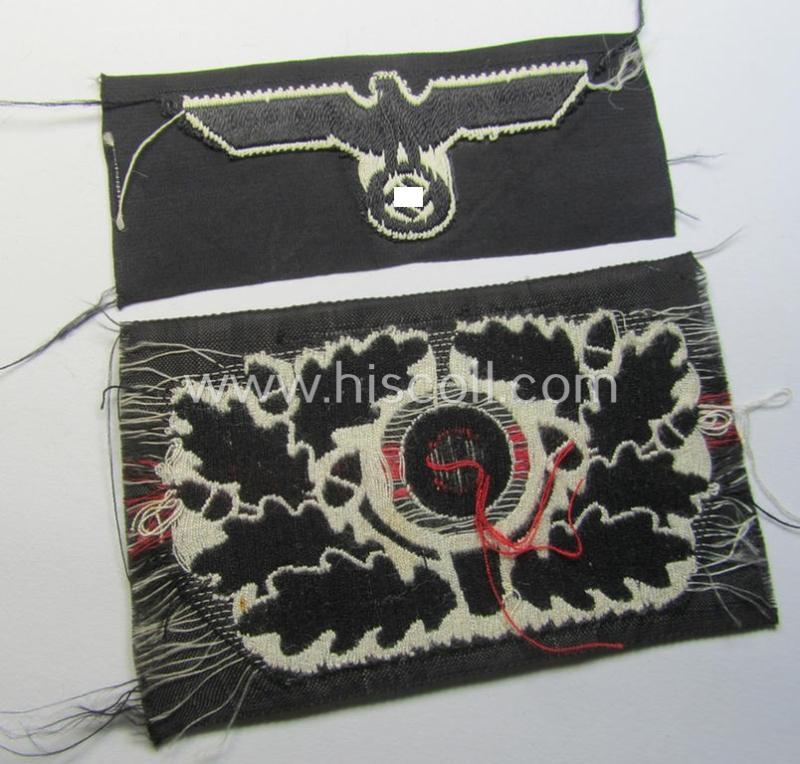 Superb - and scarcely encountered! - early-war-period type (ie. I deem around 1939/40) WH (Heeres) 'BeVo'-woven eagle- and cocarde-insignia-set as was specifically intended for usage on the black-coloured 'Panzer'-beret (ie. 'Panzerschutzmütze'...