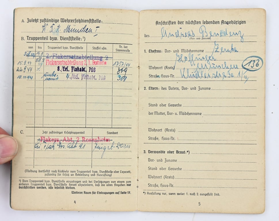 German LW Soldbuch Flakabteilung 768