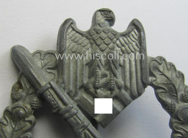Attractive - and mininally used! - 'Infanterie-Sturmabzeichen in Silber' (or: silver-class infantry-assault badge ie. IAB) being a neatly maker- (ie. '4'- or: 'Metall u. Kunststoff'-) marked example as executed in silverish-coloured 'Feinzink...