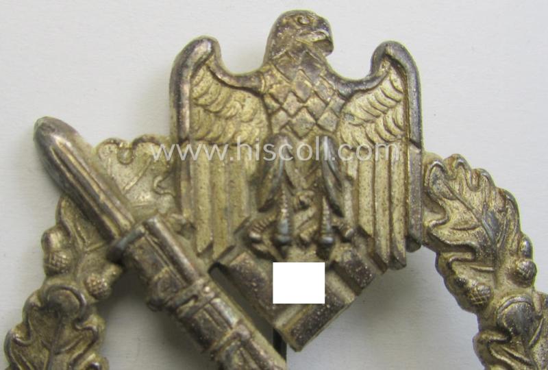 Attractive, 'Infanterie Sturmabzeichen in Silber' (or: silver-class infantry-assault-badge ie. IAB) being a non-maker-marked, so-called: 'solid-back- ie. copper-coated'-example as was (I deem) produced by the: 'R.A. Karneth u. Söhne'-company