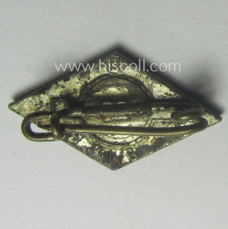 HJ (ie. 'Hitlerjugend') enamelled lapel-pin (ie.: 'Raute') with an: 'RzM - M1/8'-makers'-designation (ie. 'Ferdinand Wagner - Pforzheim')