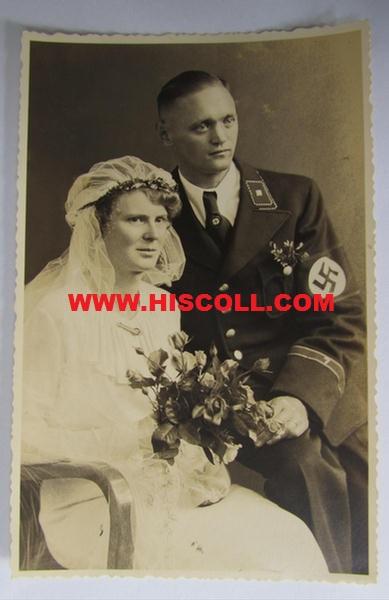 Nice, period (and IMO early!) post-card sized, portrait-/ie. wedding-picture depicting an 'Allgemeine an 'Allgemeine SS'-member (ie. 'Unterscharführer') belonging to the '7.SS-Standarte' (= 'Fritz Schlegel') - very nice condition!
