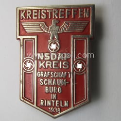 Silverish-toned - and partly bright-red-coloured! - N.S.D.A.P.-related day-badge...