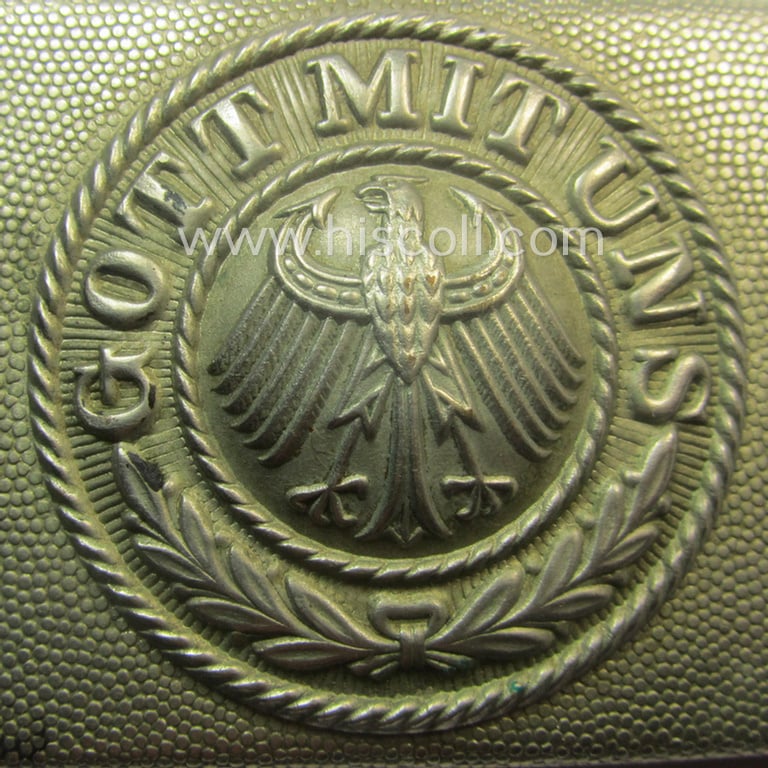 Early period- (ie. 'Deutsche Reichswehr'-related-) silver-coloured- (ie. typical nickle-chrome-based) belt-buckle (ie. 'Koppelschloss') being a non-maker-marked example that comes in a moderately used- ie. worn, condition