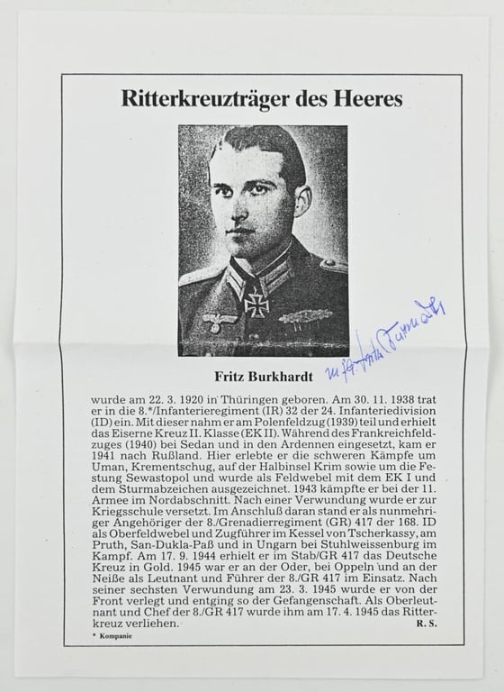 Signature of Wehrmacht Heer KC Recipient 'Fritz Burkhardt'