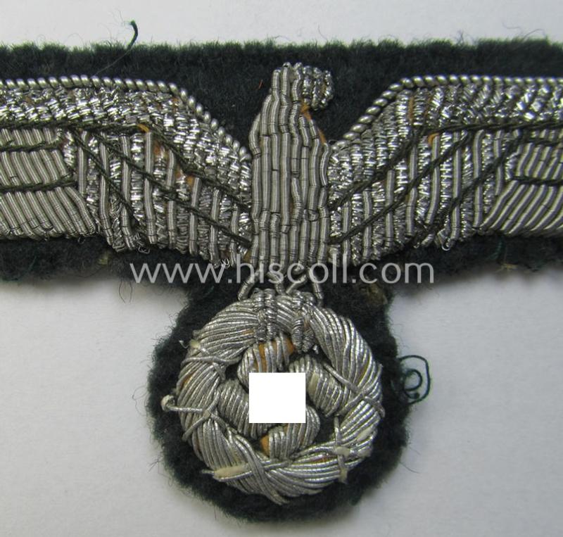 Attractive - and just moderately used! - WH (Heeres) officers'-type, hand-embroidered breast-eagle (ie. 'Brustadler für Offiziere') as was executed in bright-silverish-coloured braid as was intended for usage on the various officers'-pattern tuni...