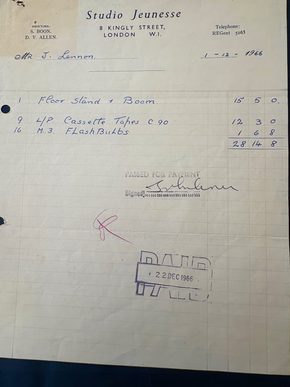 VERY RARE JOHN LENNON (BEATLES) HAND SIGNED RECEIPT DECEMBER 1st  1966.