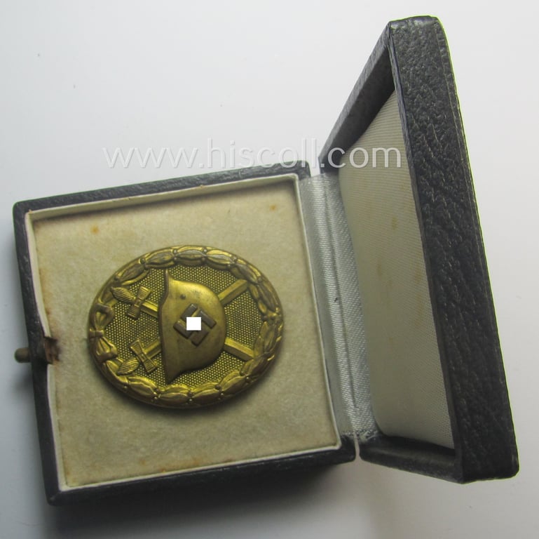 'Verwundeten-Abzeichen in Gold' being a non-maker-marked- and typical 'Buntmetall'-based (ie. 'thin-pinned'!) example that comes stored in its maker- (ie. 'Hauptmünzamt - Wien'-) marked etui as issued