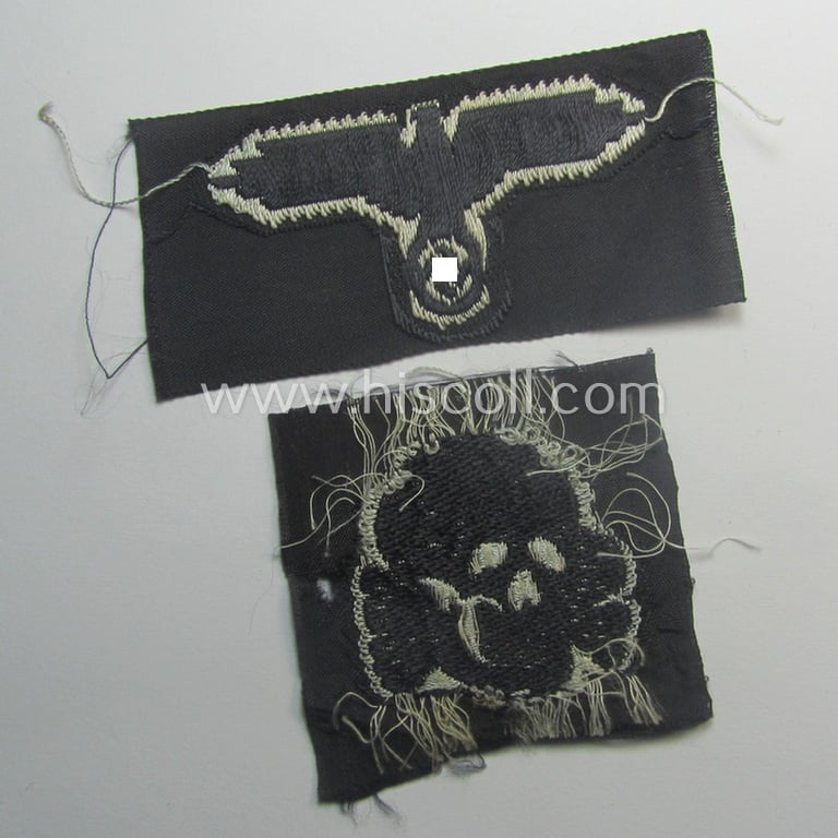 Superb, Waffen-SS, 'BeVo'-woven-style skull- and cap-eagle-set (ie. 'Totenkopf- u. Adler-Effektensatz für Schiffchen o. Einheitsfeldmütze')