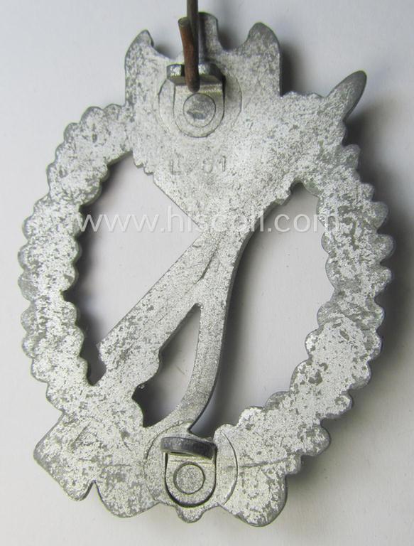 Superb, 'Infanterie Sturmabzeichen in Silber' (or: silver infantry assault badge ie. IAB), being a nicely maker- (ie. 'L/61'-) marked example as executed in zinc-based metal (ie. 'Feinzink') as was produced by the: 'Friedrich Linden'-company