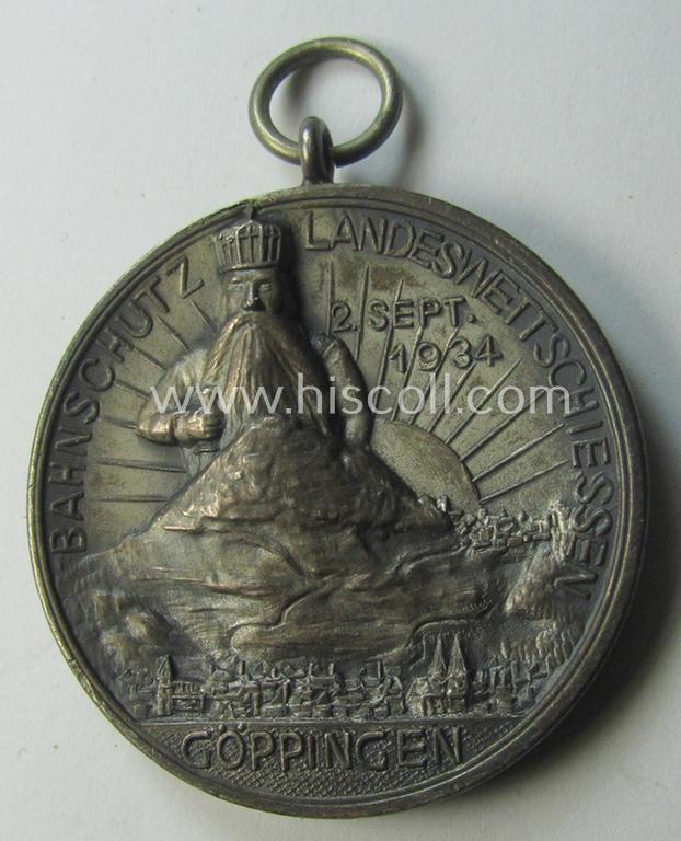 Attractive - and surely unusually found! - silver-toned 'Bahnschutz'- (ie. railway-protection-service-) related commemorative shooting-contest medal entitled: 'Bahnschutz Landeswettschiessen - Göppingen - 2.Sept. 1934'