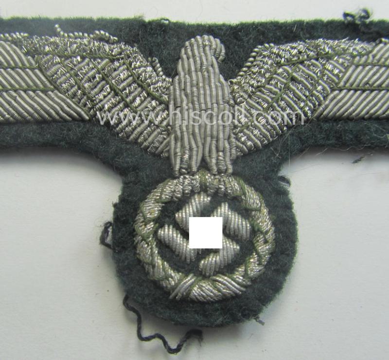 WH (Heeres) officers'-type, hand-embroidered breast-eagle (ie. 'Brustadler für Offiziere') as was executed in bright-silverish-coloured braid as was intended for usage on the various officers'-pattern tunics