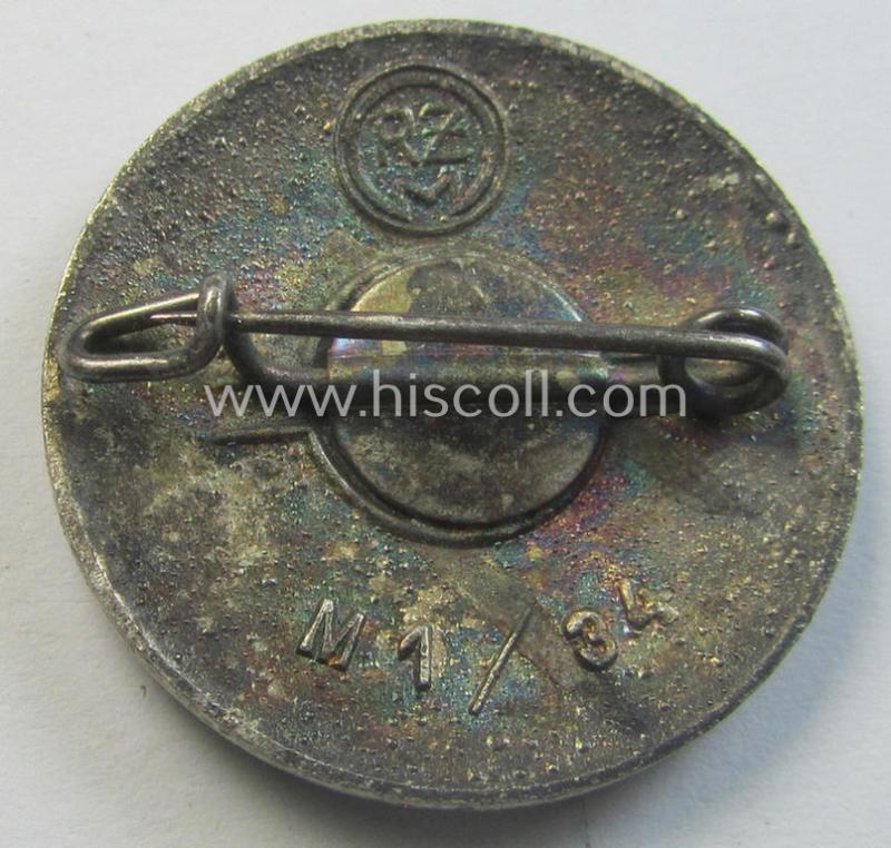 Non-enamelled (ie. painted/sprayed) red-coloured- and/or 'variant'-pattern 'N.S.D.A.P.' membership-pin- ie. party-badge (or: 'Parteiabzeichen') which is nicely maker-marked on the back with the makers'-designation: 'RzM' and/or: 'M1/34'