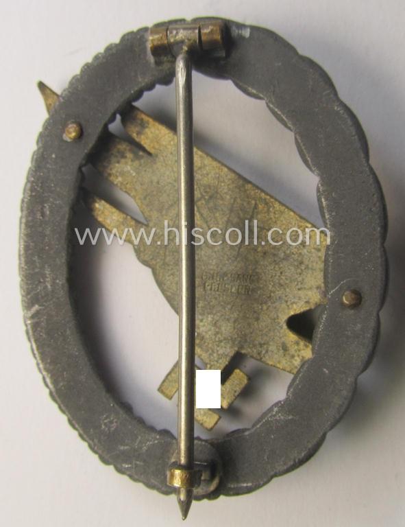 Zinc- (ie. 'Feinzink'-) based version of a WH (Luftwaffe) 'Fallschirmschützen-Abzeichen' (being a maker-marked, 'Type A'-pattern example as was produced by the 'G.H. Osang'-company)