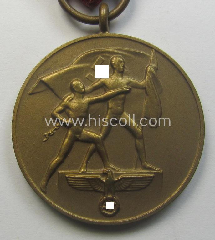 WH Czech-occupation- (ie. 'Anschluss'-) medal: '1. Oktober 1938' that comes with its period-attached 'PB-Spange' and that comes stored in its bordeaux-red-coloured- and/or non-maker-marked etui