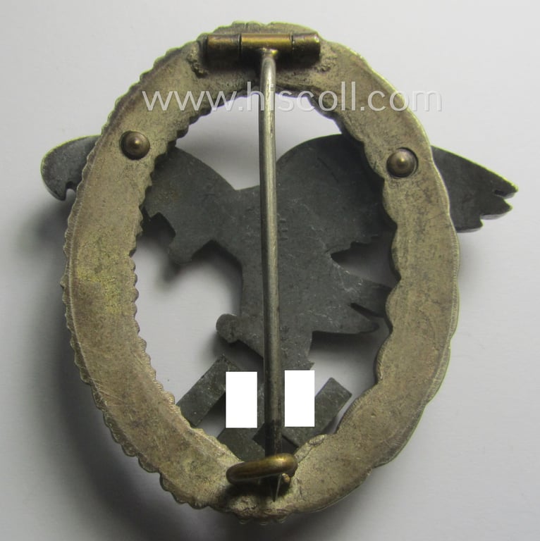 Superb, WH (Luftwaffe) 'Flugzeug-Beobachter-Abzeichen' (ie. observers'-war-badge) being a neatly maker- (ie. 'A'- ie. 'Assmann & Söhne'-) marked and/or: 'Buntmetall'- (ie. 'Tombak'-) based example