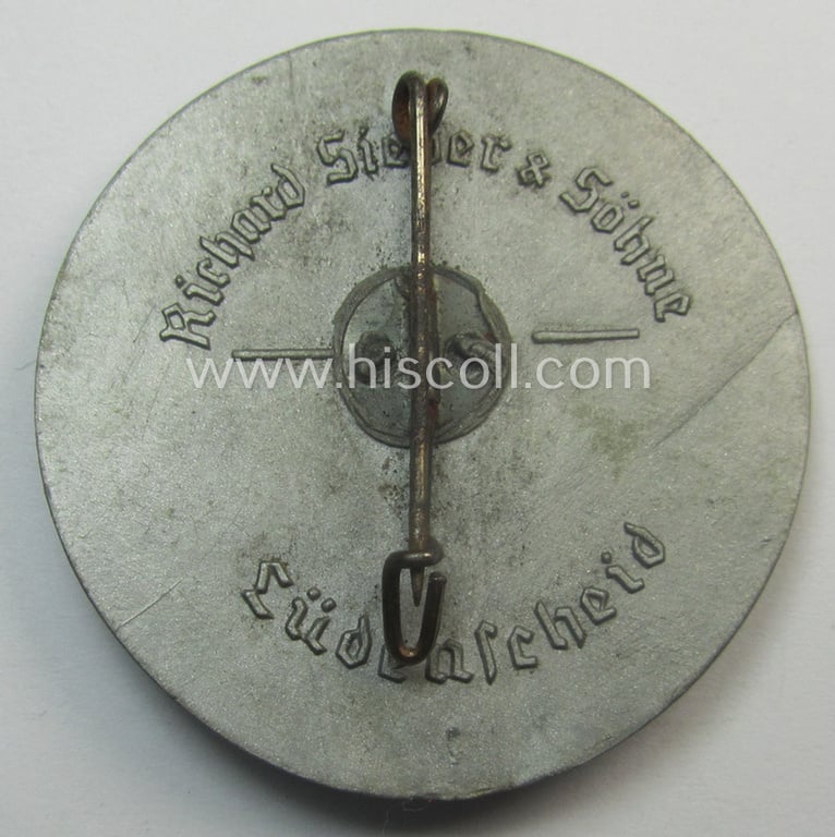 Commemorative, resin-based SA- (ie. 'Sturmabteilungen'-) related 'tinnie' being a maker- (ie. 'R. Sieper & Söhne'-) marked example depicting an upward-postioned sword and SA-logo and text: 'SA-Gruppen-Sport-Wettkämpfe - Gruppe Kurpfalz - 1938'