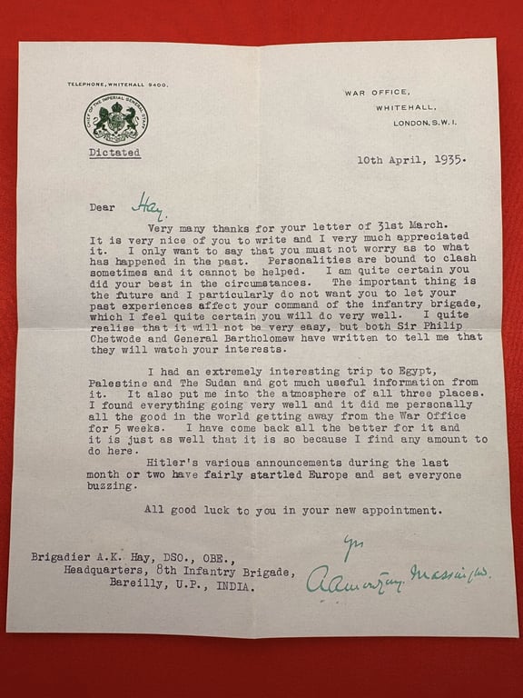 AUTHENTIC LETTERS FROM FIELD MARSHALL MONTGOMERY OF ALAMEIN TO GEN A.K.HAY, ECT.